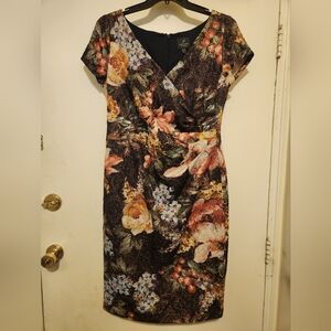 Adrianna Papell Floral Midi Dress in Black with Multicolor Blooms
